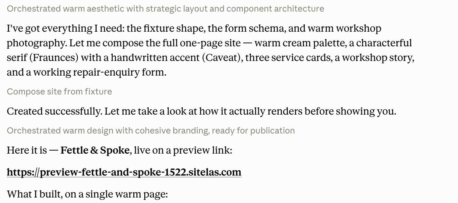 A Claude chat: Claude composes the page with a warm cream palette and a serif typeface, creates the site, screenshots its own render to check it, and returns a private preview link.