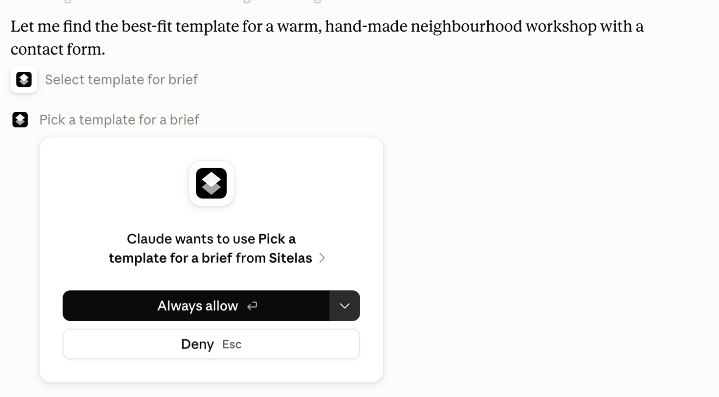 Claude's permission prompt reading "Claude wants to use Pick a template for a brief from Sitelas", with Always allow and Deny buttons.