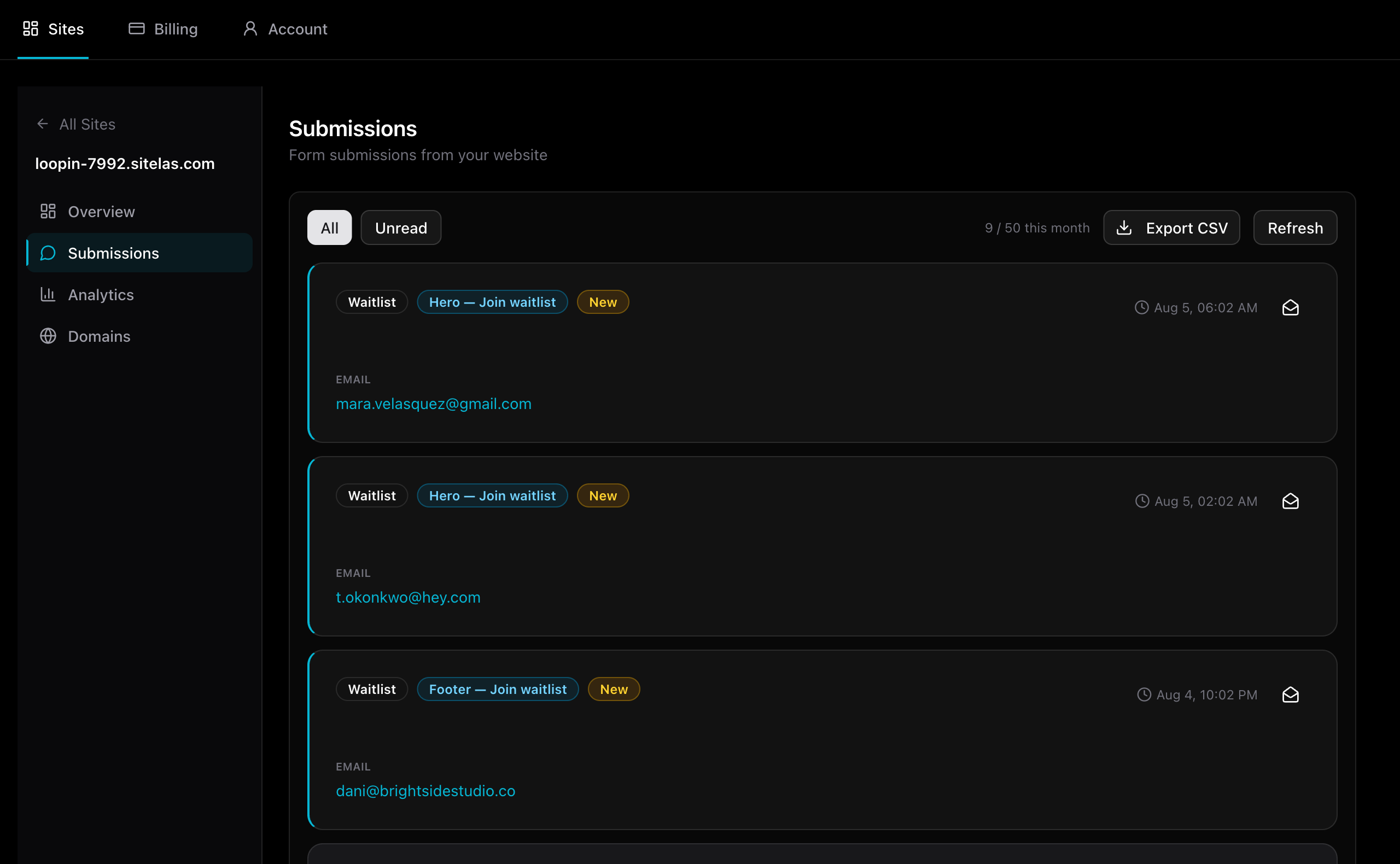 The Sitelas dashboard submissions inbox showing waitlist signups, each tagged with the form it came from and marked new or read, with a monthly usage count and a CSV export button.