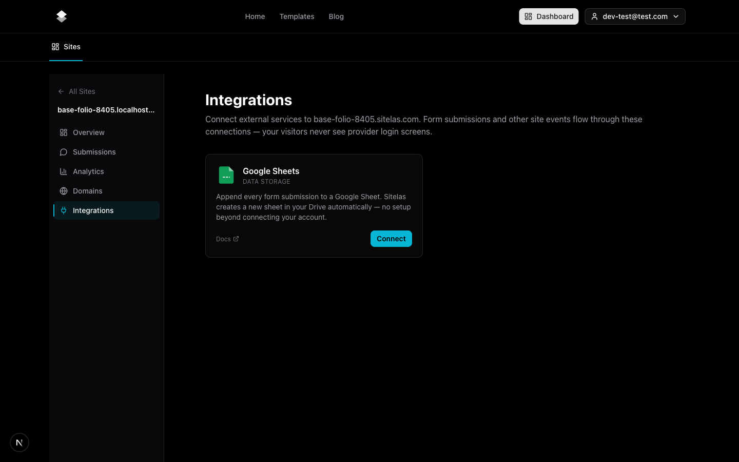 The Integrations tab — the Google Sheets card with a Connect button.