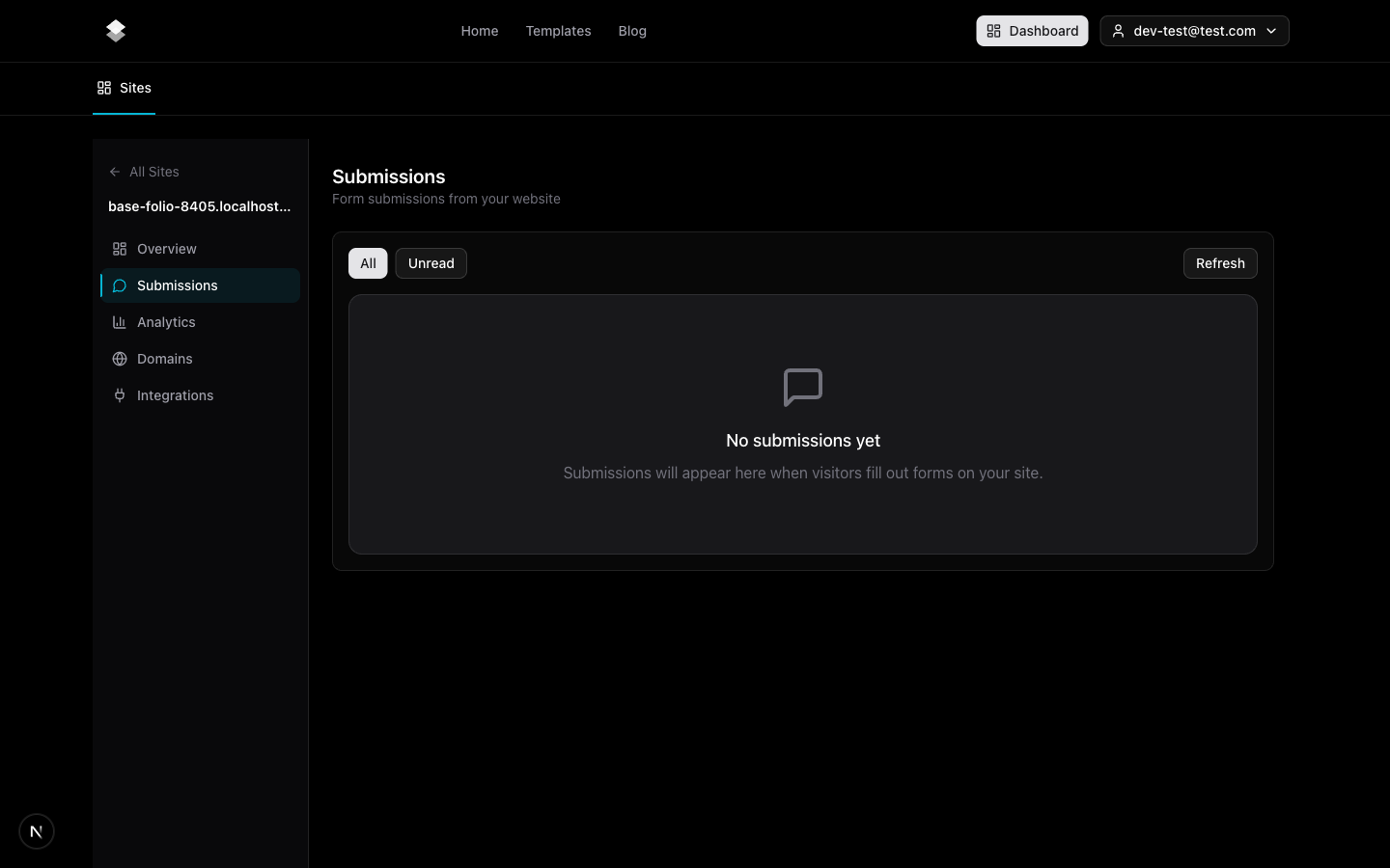 The Submissions inbox in the dashboard, where every form entry lands.