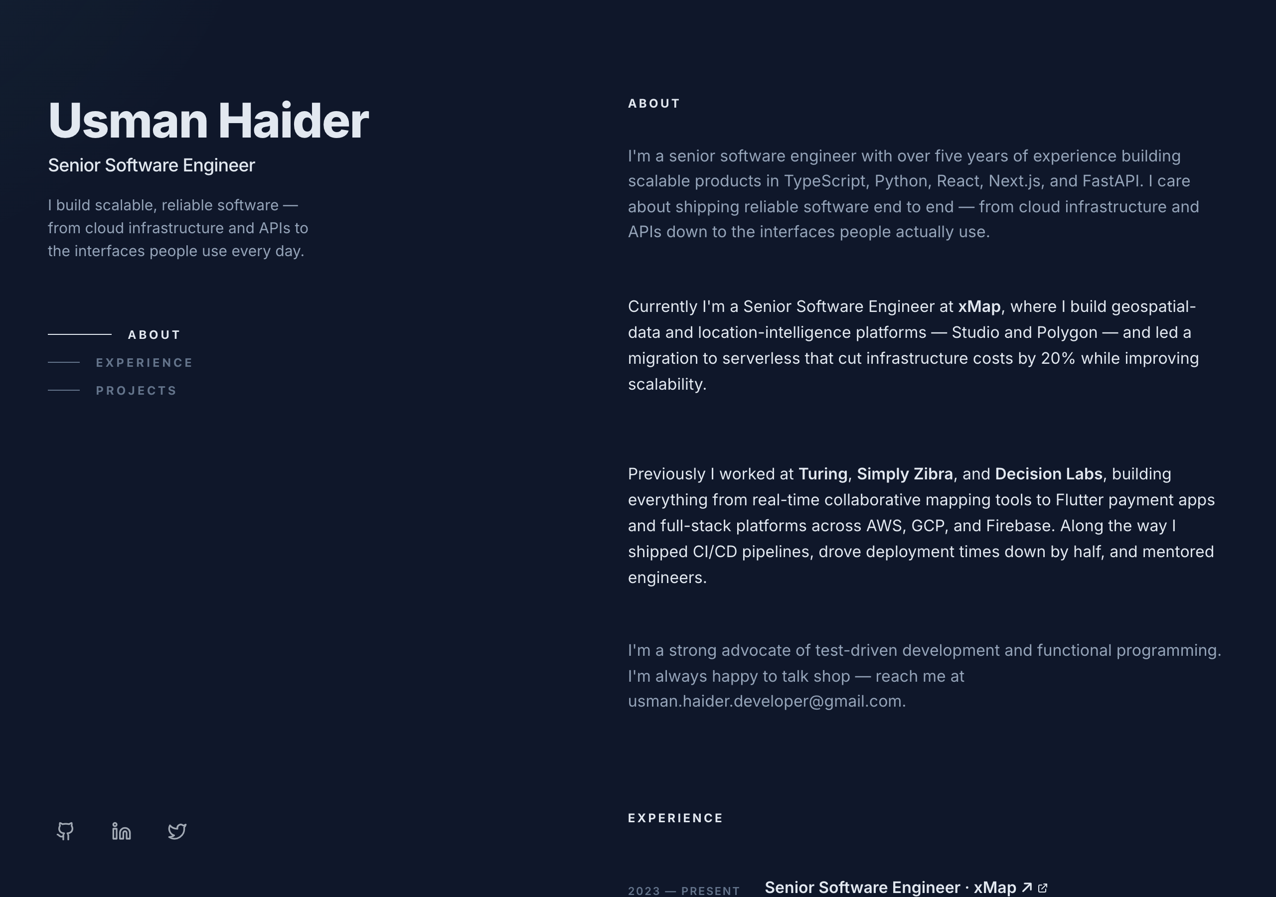 The published portfolio: a dark two-column engineer-style site with a sticky profile and nav on the left, and an About section plus experience timeline on the right, generated from the résumé.
