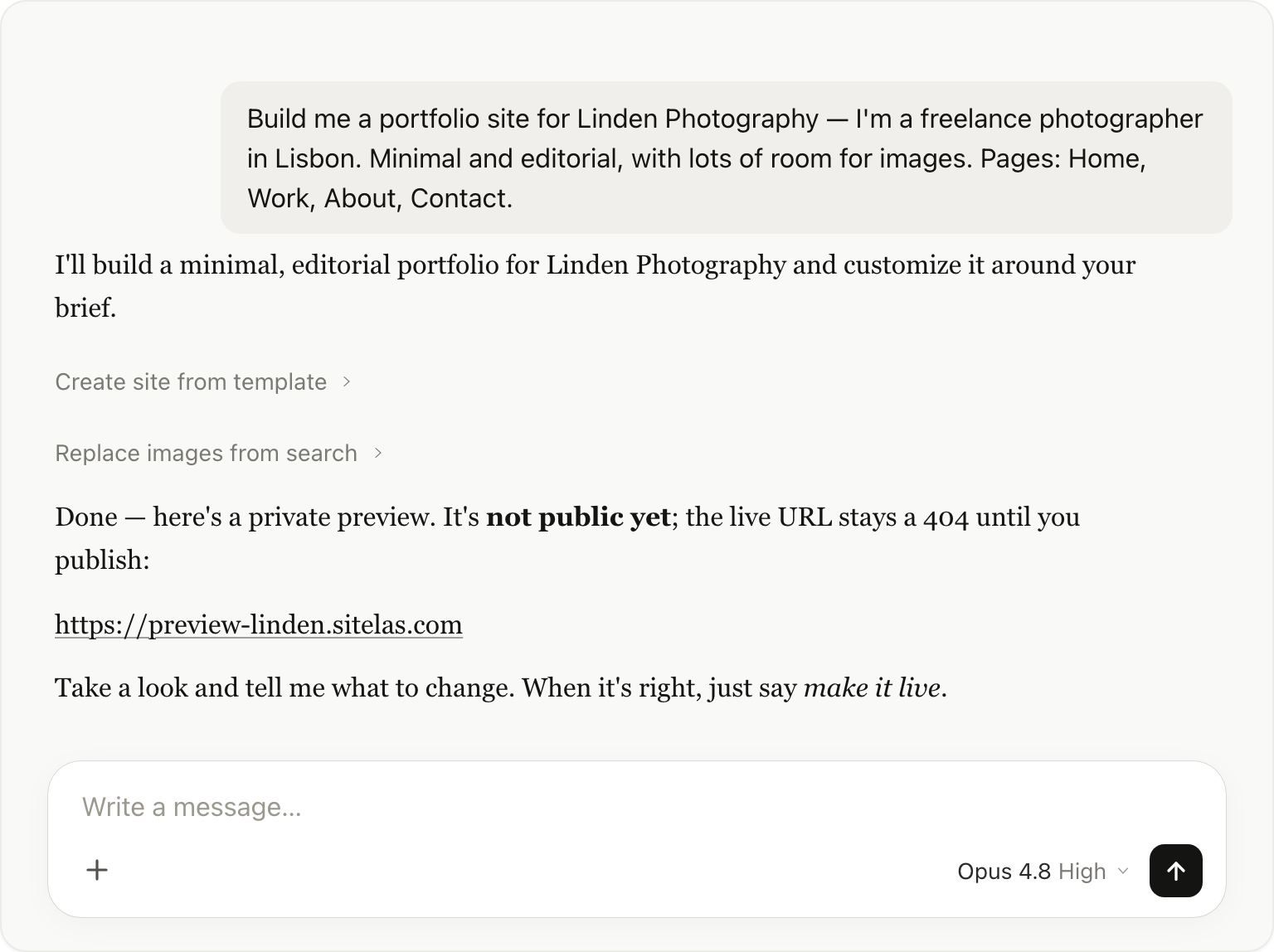 Asking Claude to build a photography portfolio; it creates the site and returns a private preview URL.