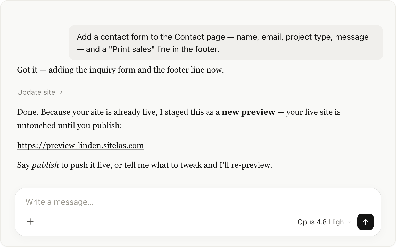 Asking Claude to add a contact form later; it stages a new preview while the live site stays unchanged.