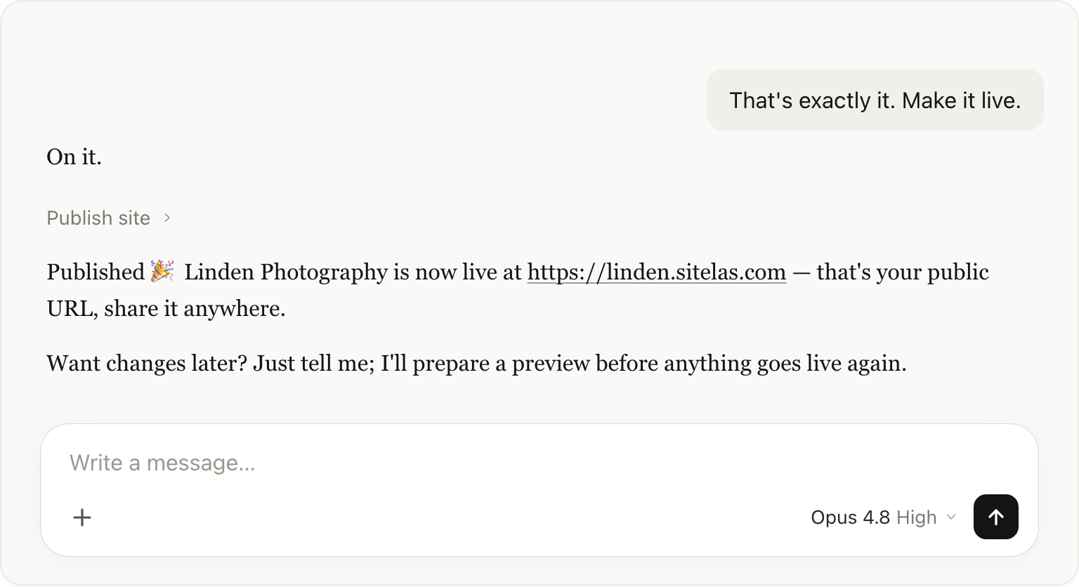 Telling Claude to publish; it promotes the draft to live and returns the public URL.