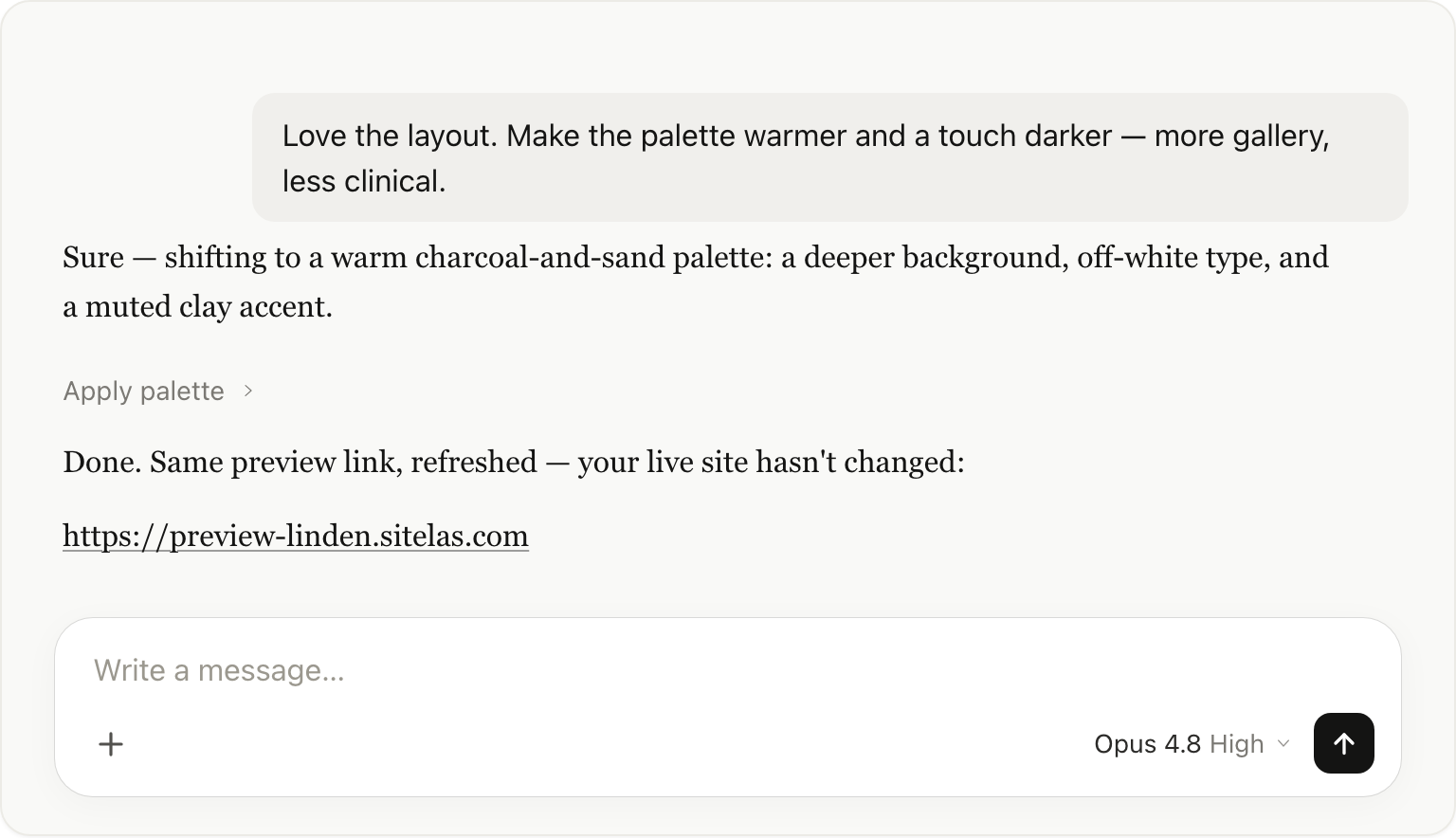 Asking Claude to make the palette warmer and darker; it updates the theme and refreshes the same preview.