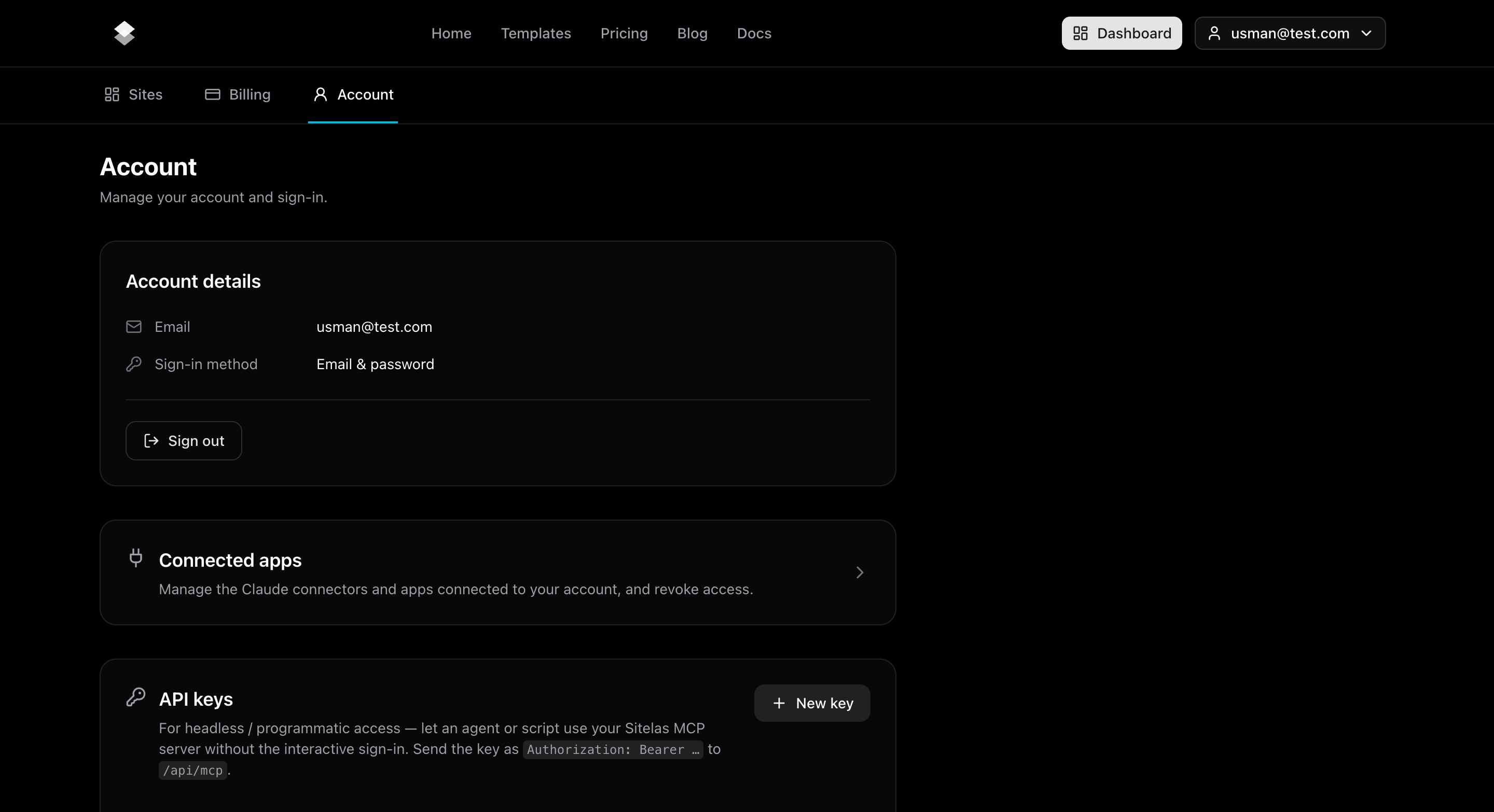The Account tab in the Sitelas dashboard, with the API keys section: "For headless / programmatic access — let an agent or script use your Sitelas MCP server without the interactive sign-in," and a New key button.