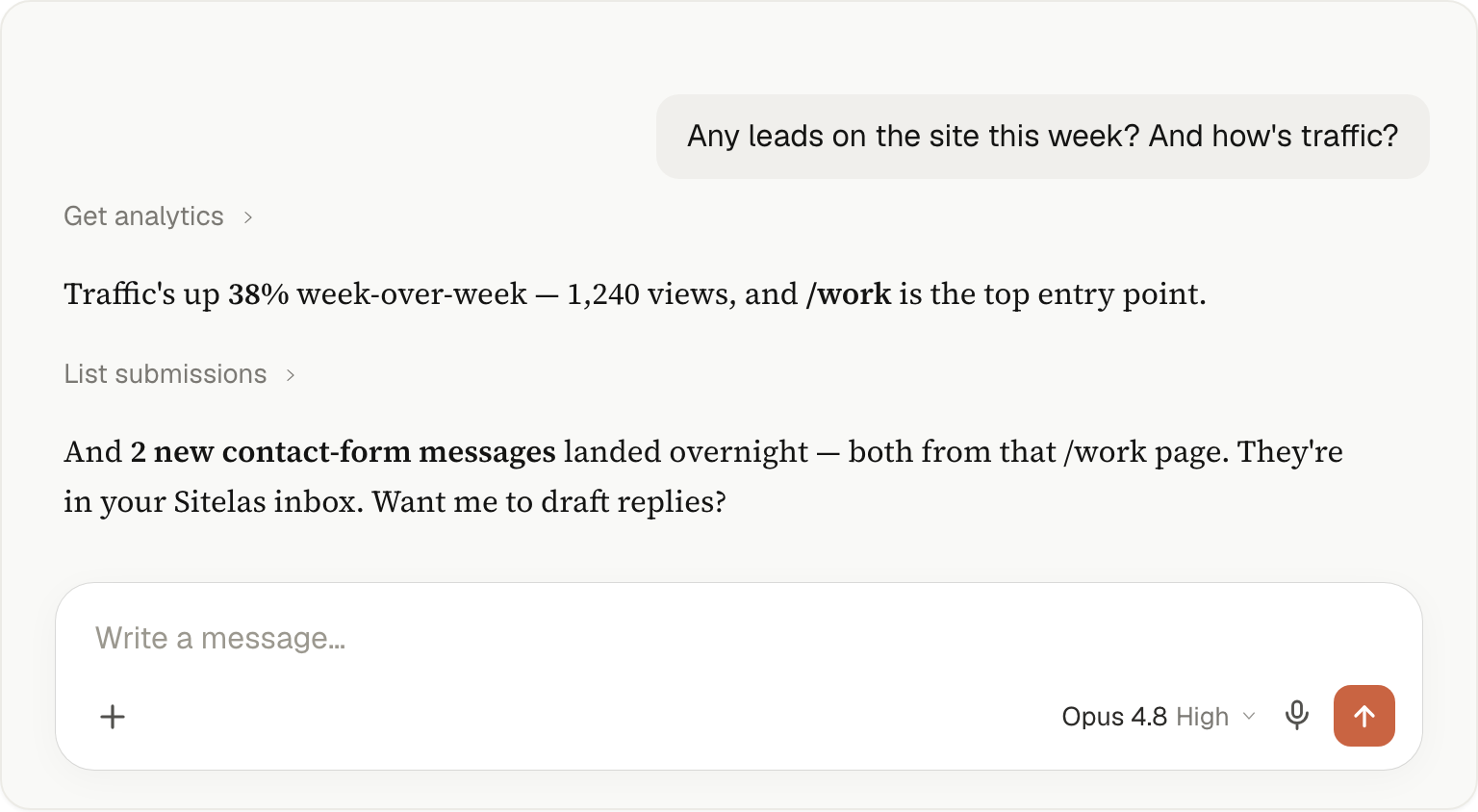 In a Claude chat, the user asks about leads and traffic; Claude reads the site's analytics and its form submissions and offers to draft replies.