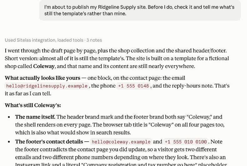 A Claude conversation. The prompt asks Claude to check the Ridgeline Supply site before publishing. Claude replies that it went through the draft page by page, plus the shop collection and the shared header and footer, and that almost all of it is still the template's — listing the brand name, the footer contact details and the six shop products as still belonging to the demo shop.