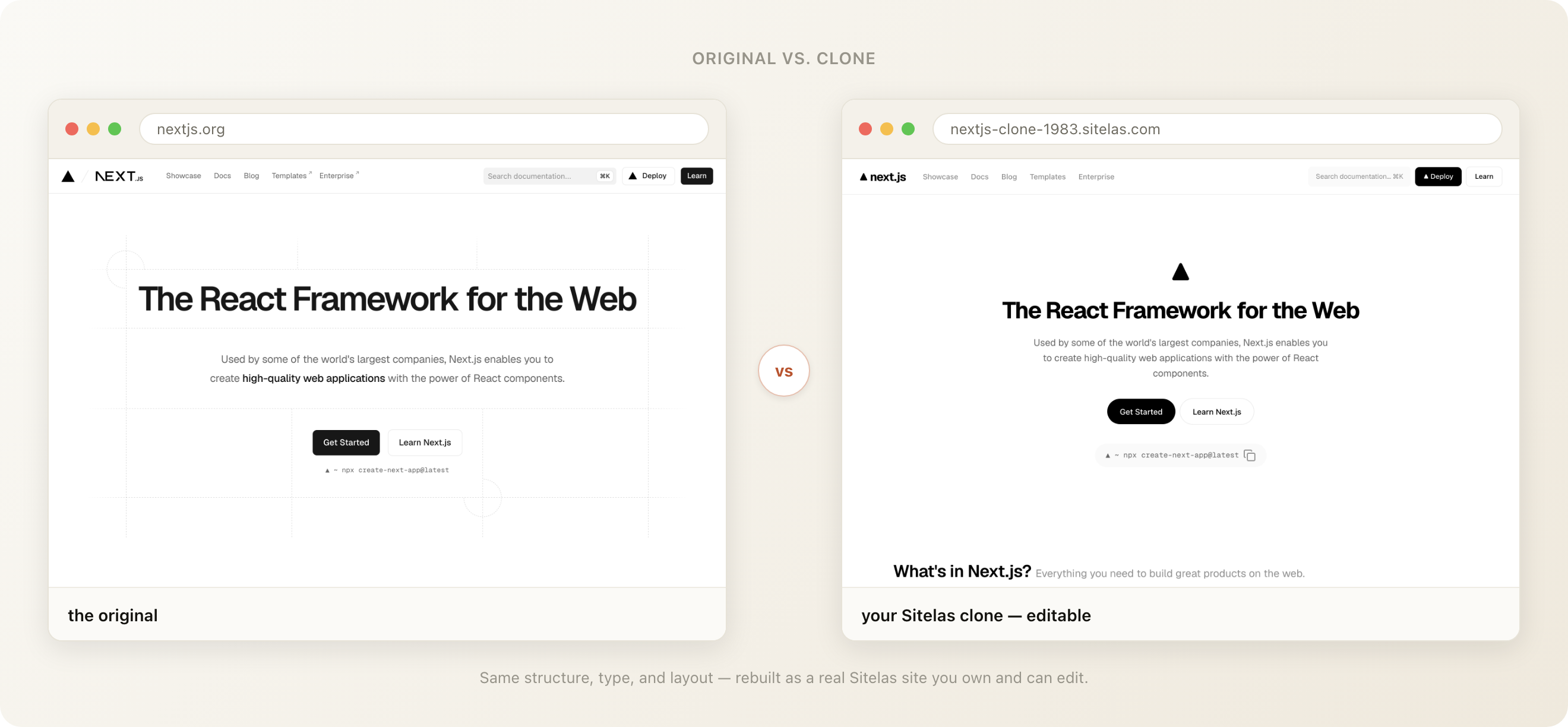 The live nextjs.org homepage on the left and the Sitelas clone on the right, side by side: same hero, type, and layout, but the clone is a real editable Sitelas site.