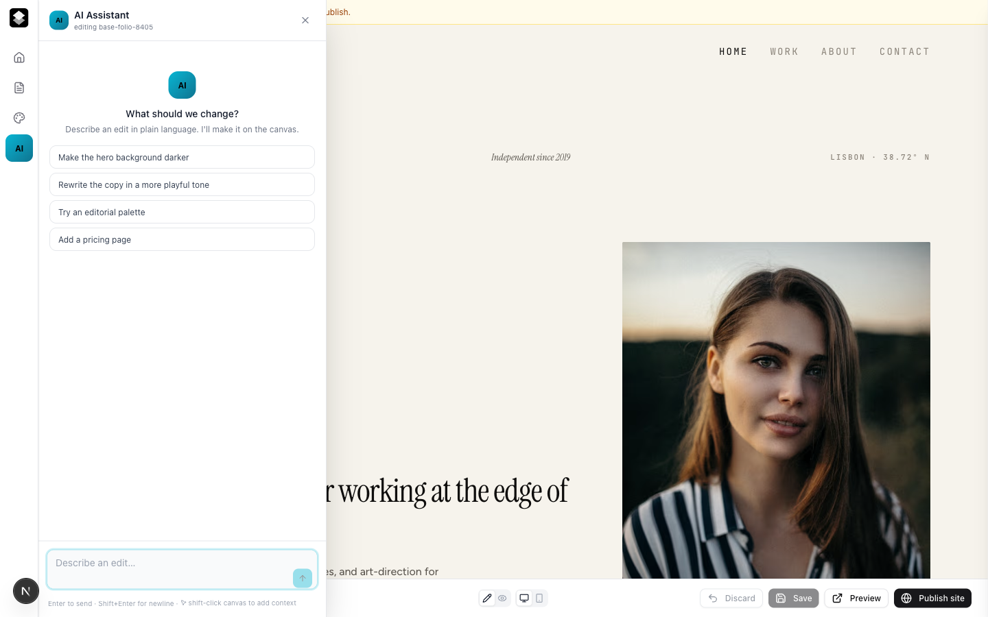 The in-editor AI assistant — describe a change and it's applied on the canvas.