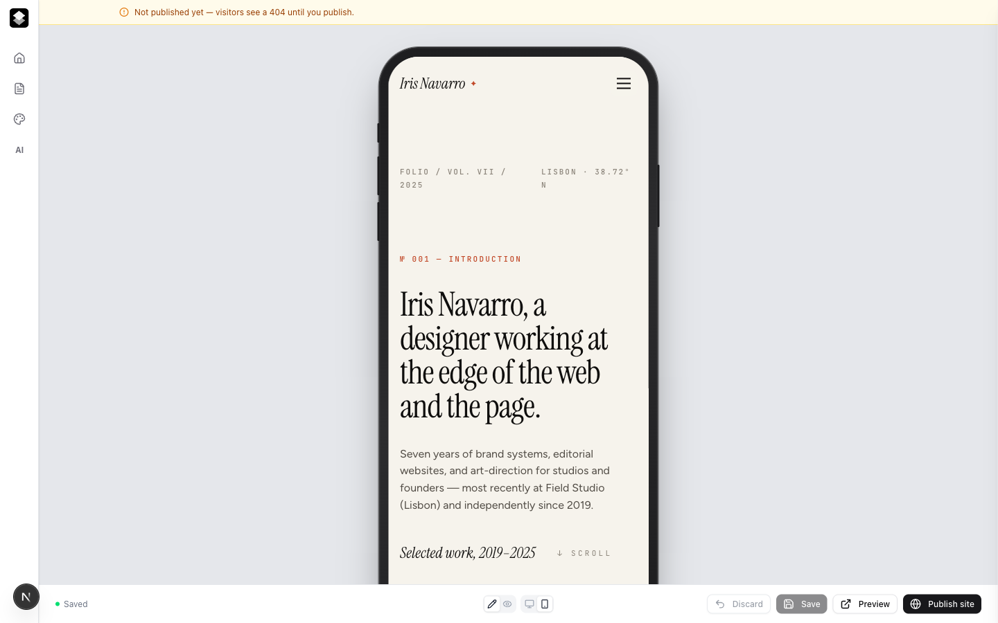 The editor in Mobile preview — the site rendered in a phone frame, edit chrome still around it.