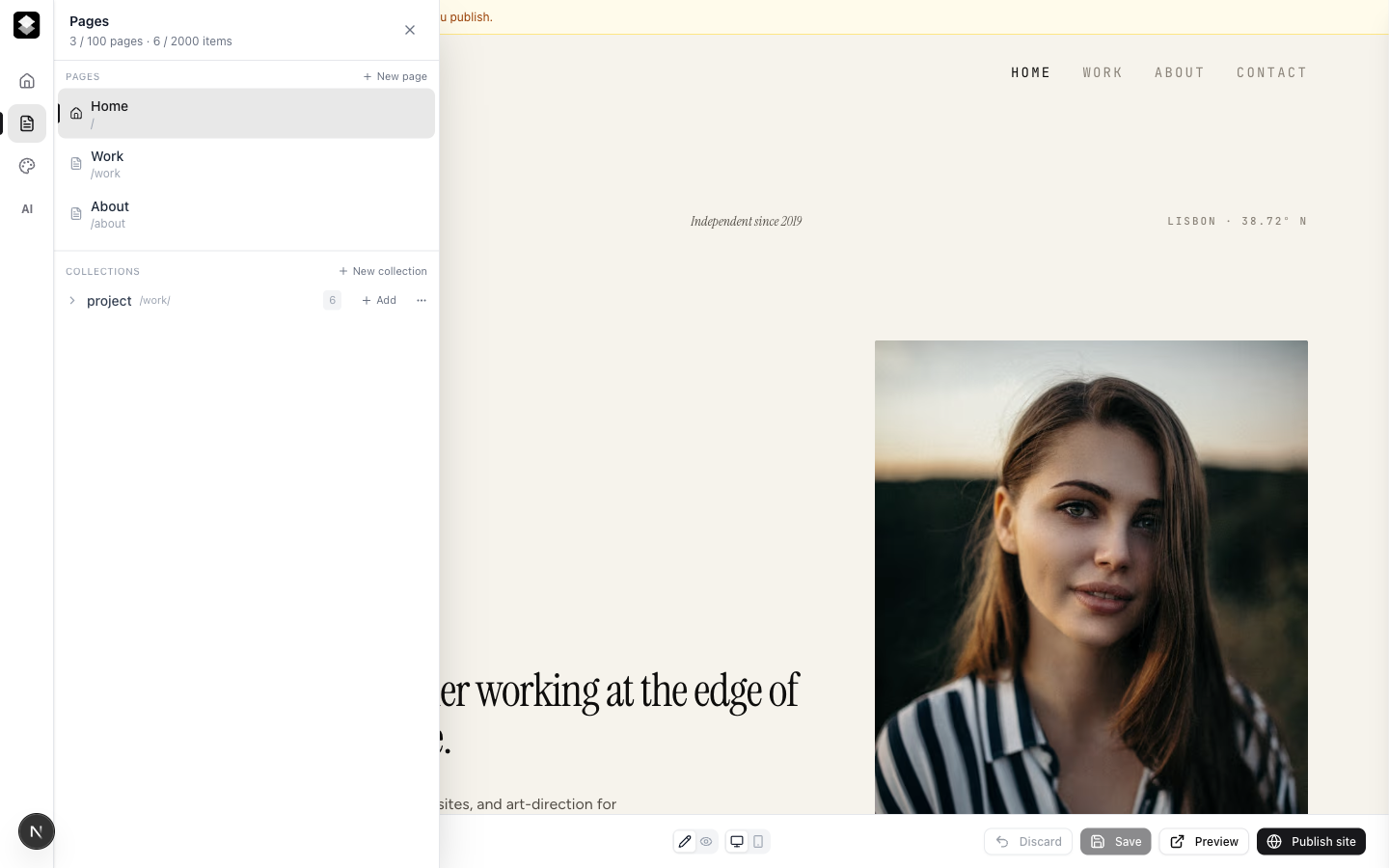 The Pages panel — single pages up top, collections below.