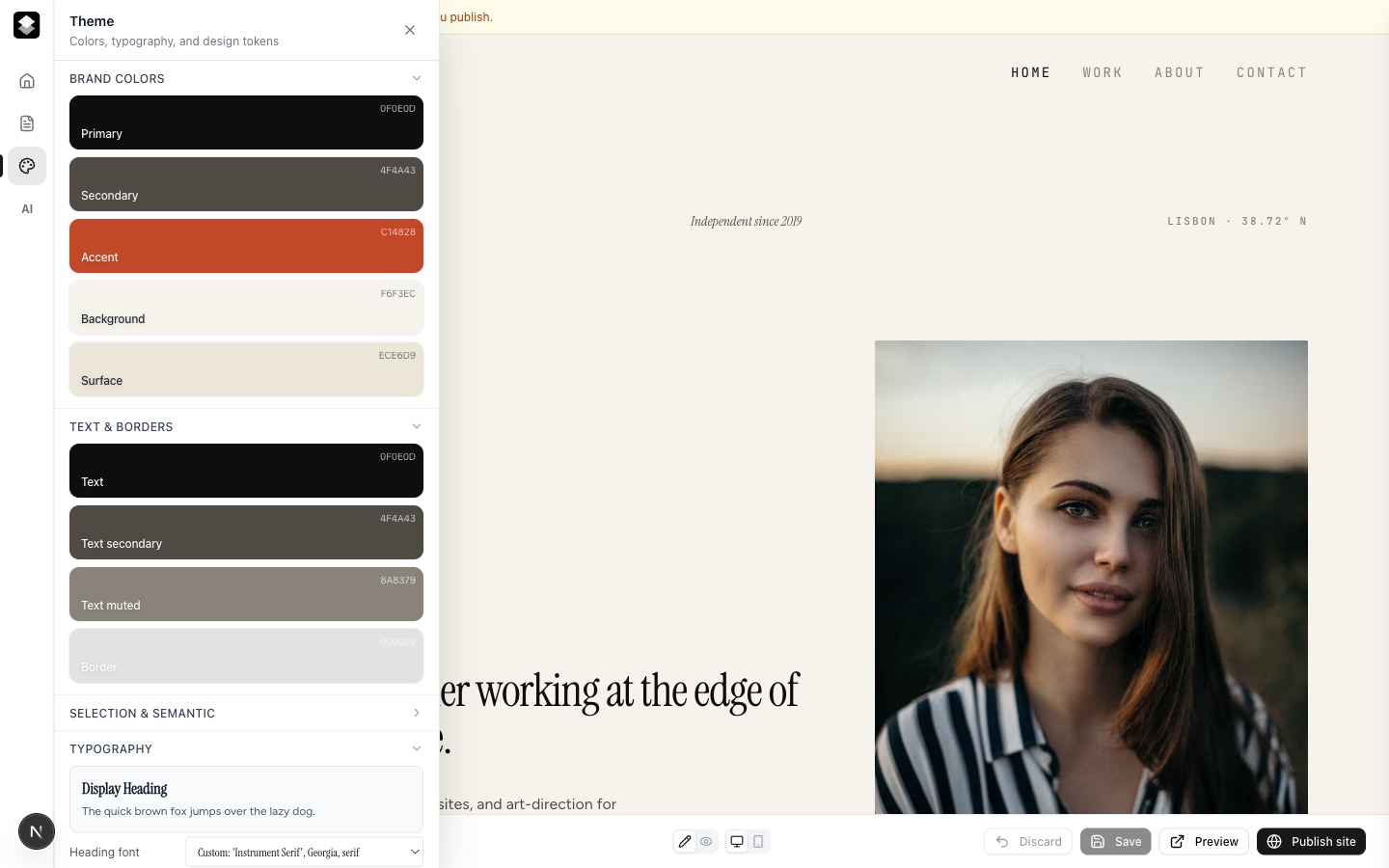 The Theme panel — brand colors, text and border tokens, and typography.