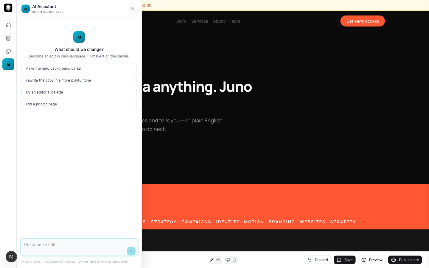 The Sitelas visual editor with its built-in AI assistant, editing the Juno site.