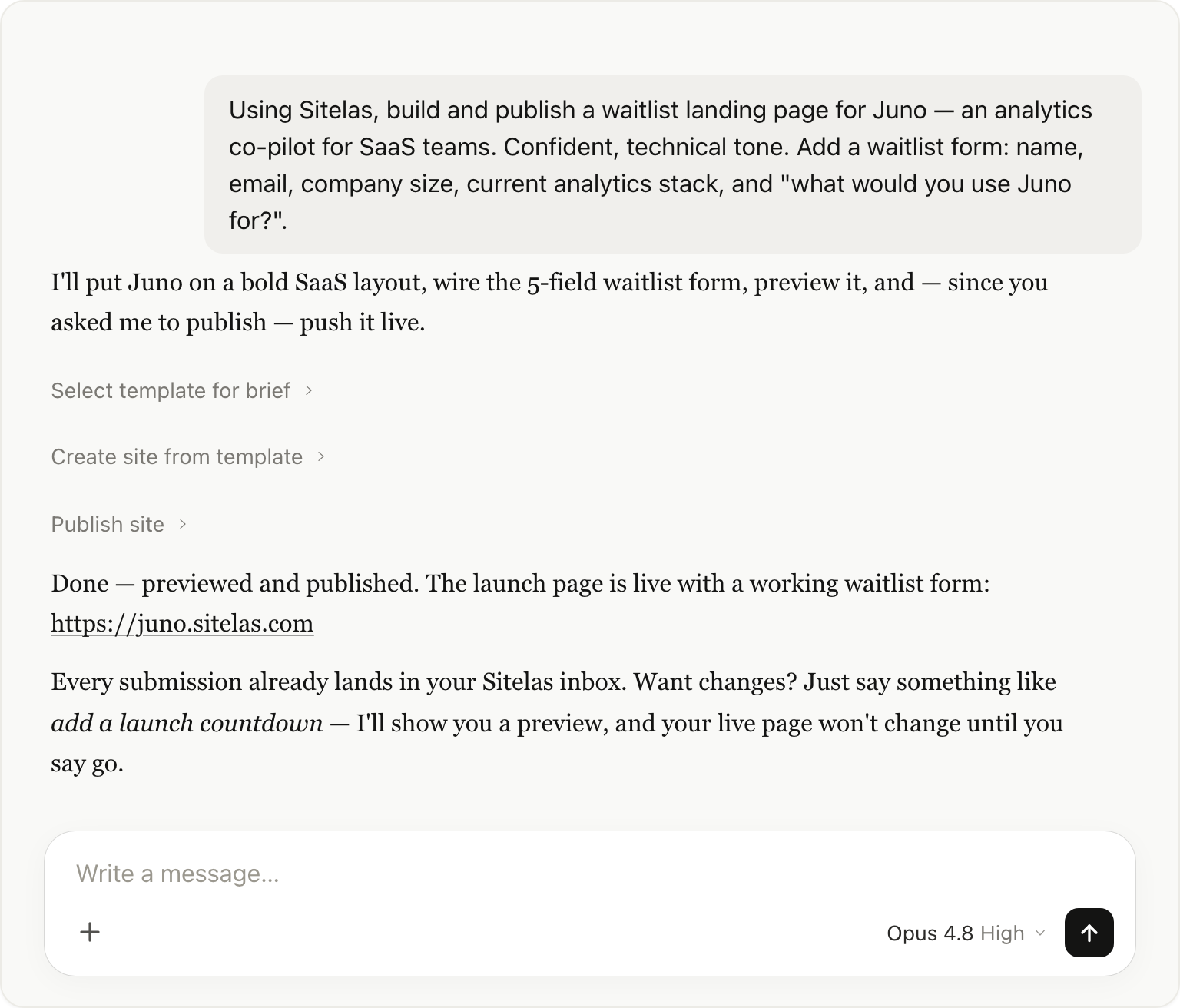 Claude building, previewing, and publishing the Juno waitlist page in one message.