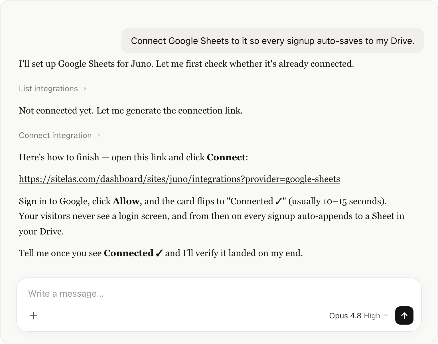 Claude returning a one-time link to connect Google Sheets on Sitelas.