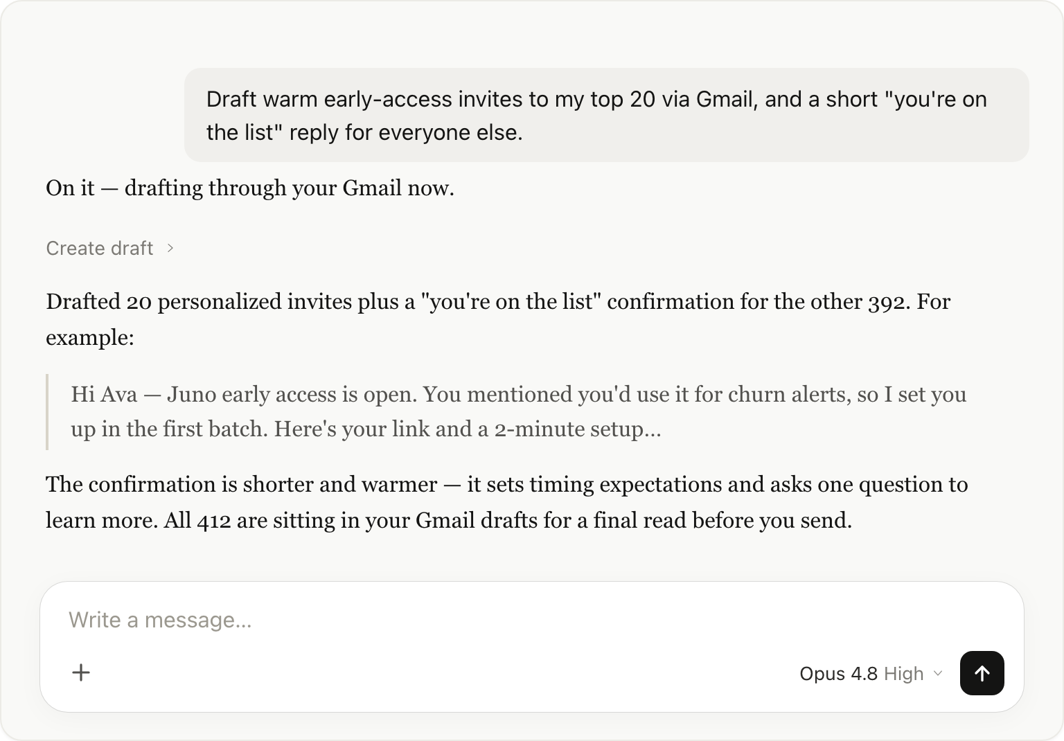 Claude drafting personalized early-access invites and confirmation emails via Gmail.