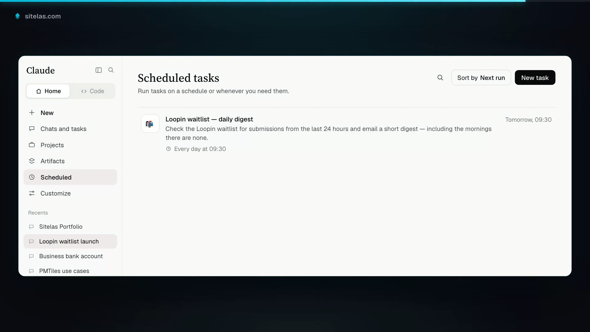 Claude's Scheduled tasks page listing one task, "Loopin waitlist — daily digest", set to run every day at 09:30 with the next run shown as tomorrow at 09:30