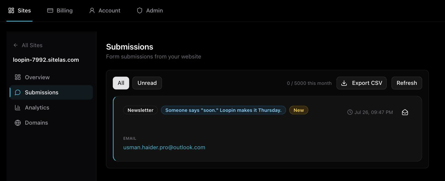 The Sitelas submissions inbox for the Loopin site, showing one submission from 26 July and the email address that was entered