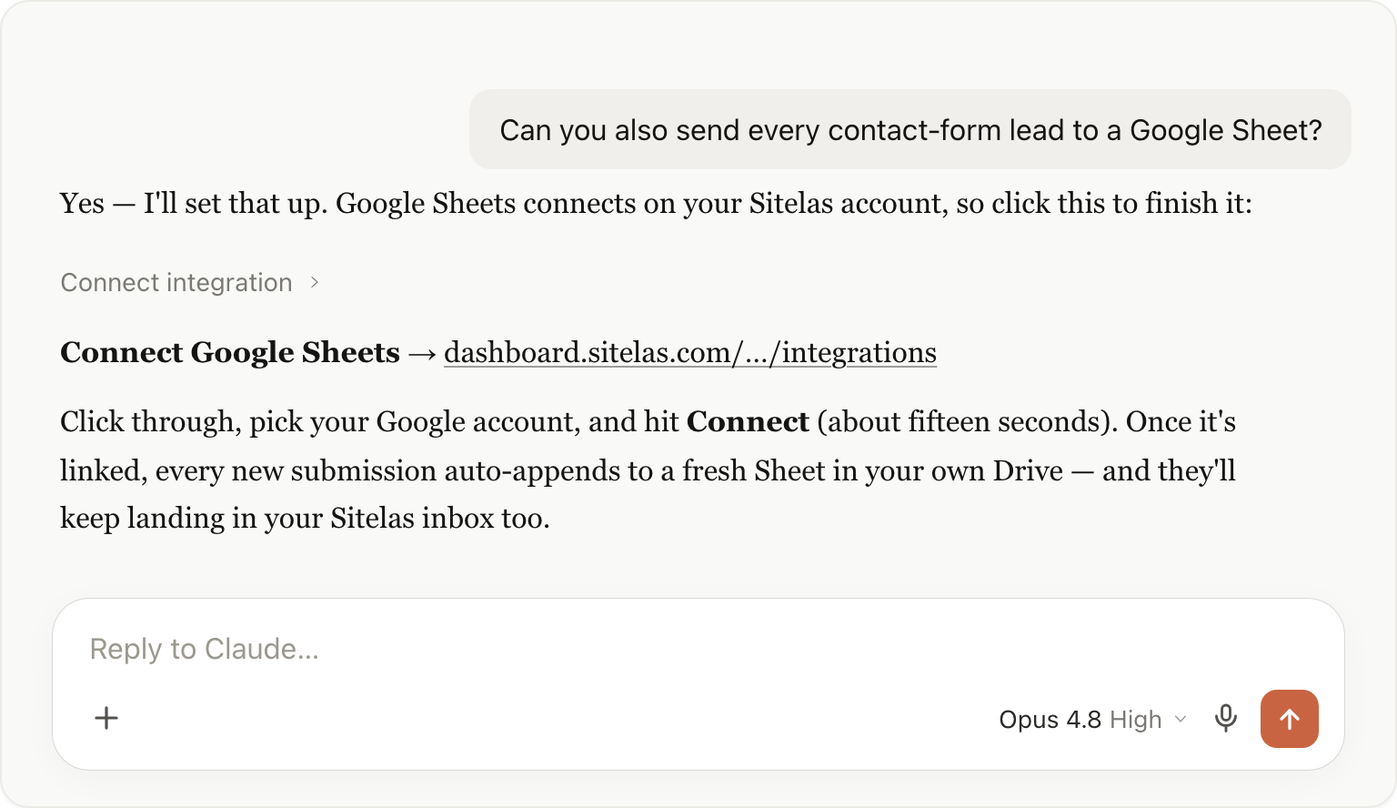 Claude returning a one-time Sitelas link to connect Google Sheets, then confirming submissions will append to a Sheet in your Drive.