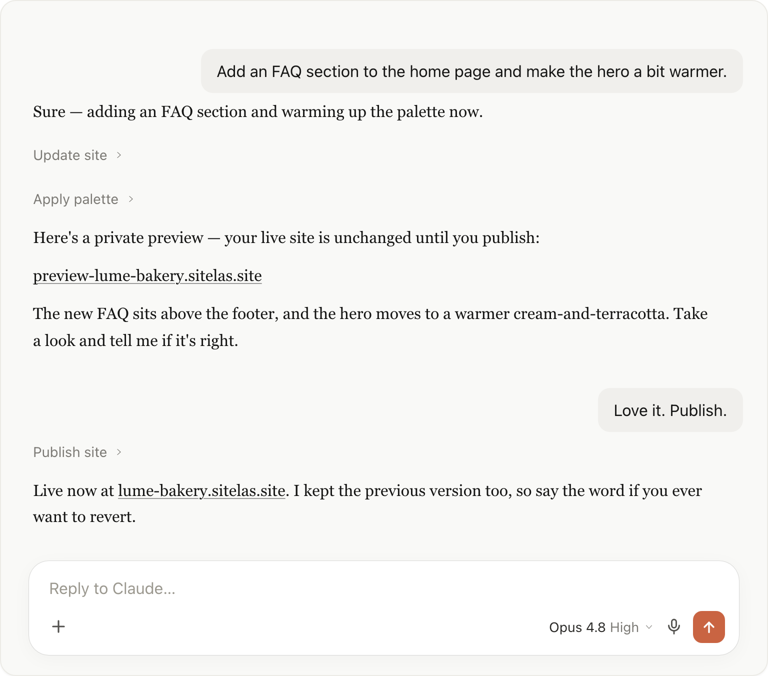 Claude adding a section and restyling the site, returning a private preview URL, then publishing only after you say go.