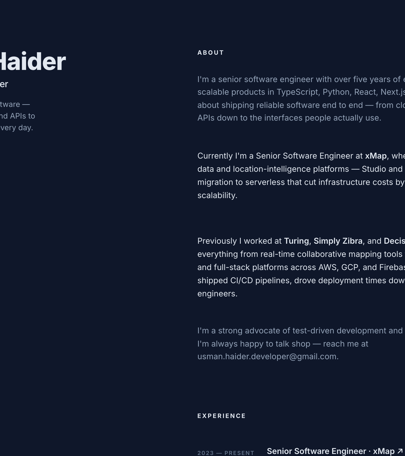 The published portfolio: a dark two-column engineer-style site with a sticky profile and nav on the left, and an About section plus experience timeline on the right, generated from the résumé.