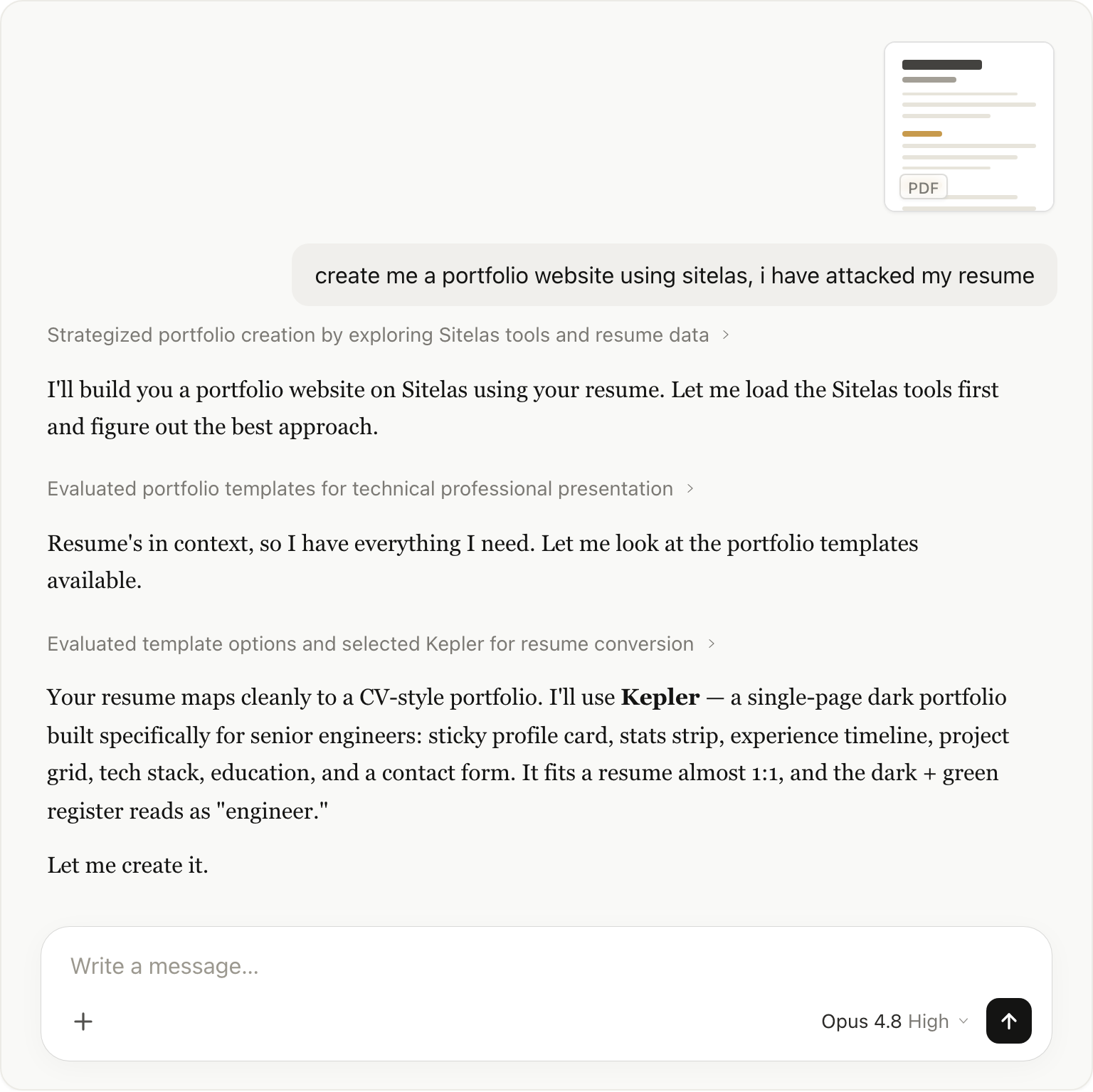 A claude.ai chat: the user attaches a résumé PDF and asks Sitelas for a portfolio; Claude reads the résumé, picks a fitting template, builds the site, and returns a private preview link.