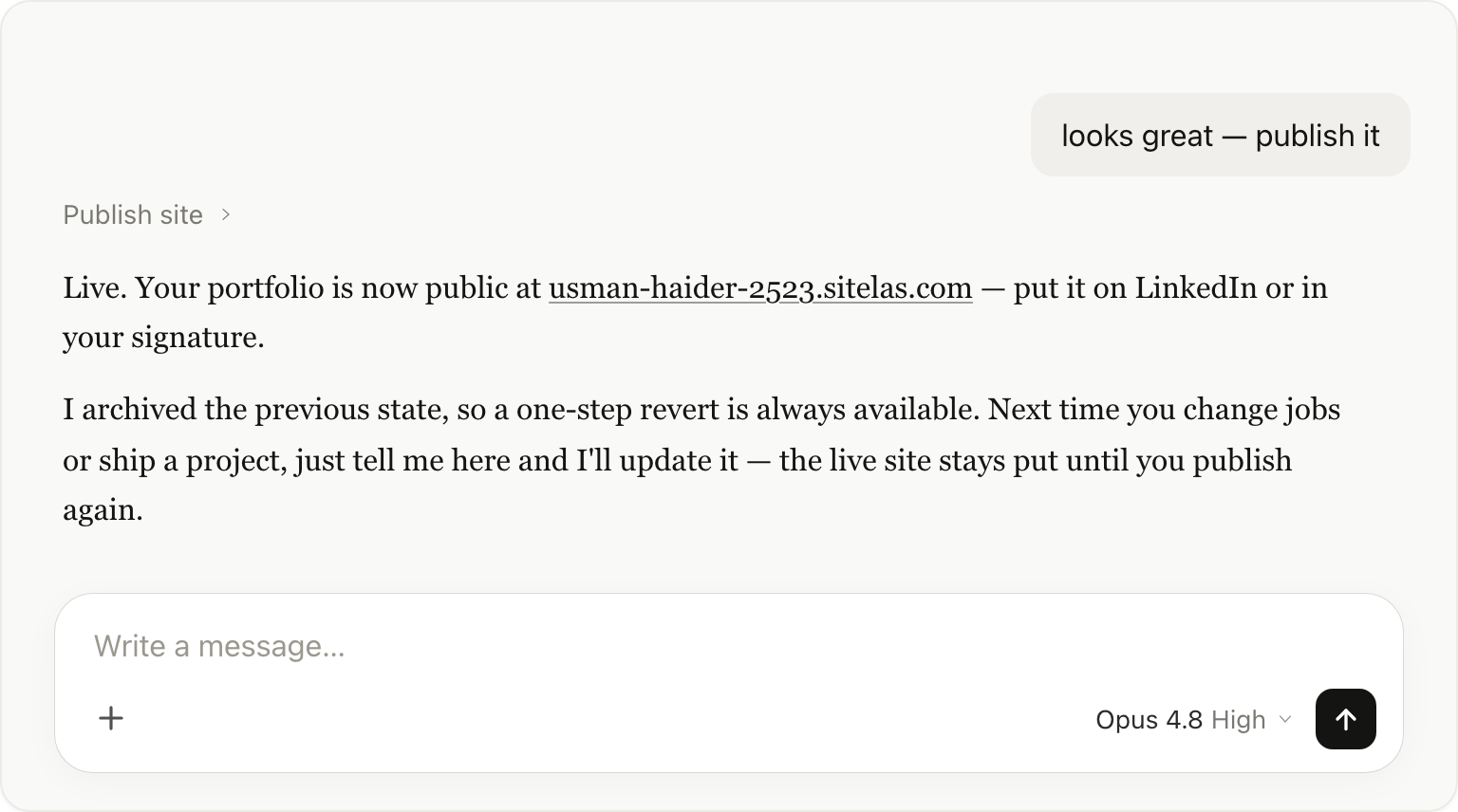 A claude.ai chat: the user says "publish it," Claude promotes the draft to the live URL and returns the permanent address.
