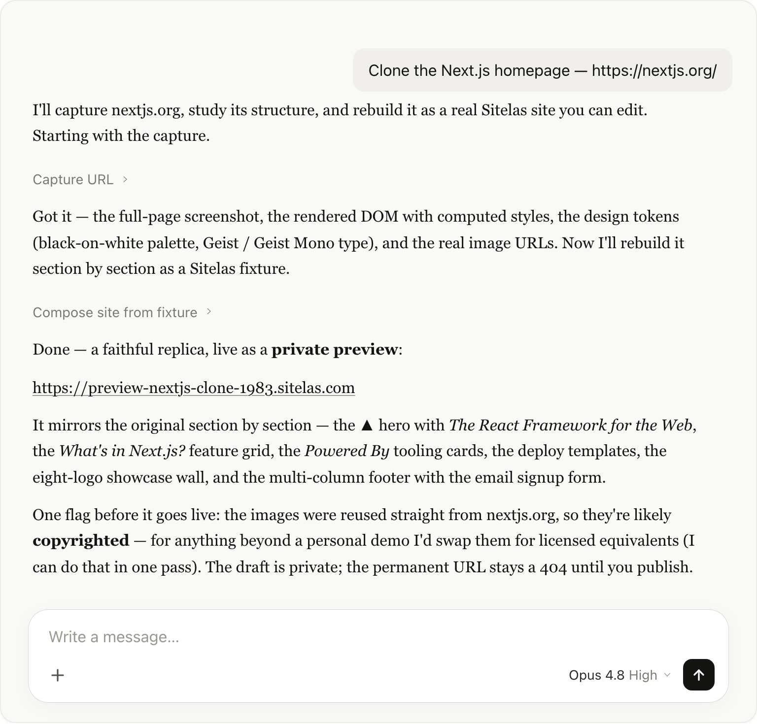 Asking Claude to clone nextjs.org; it captures the page, rebuilds it as a Sitelas fixture, and returns a private preview URL.