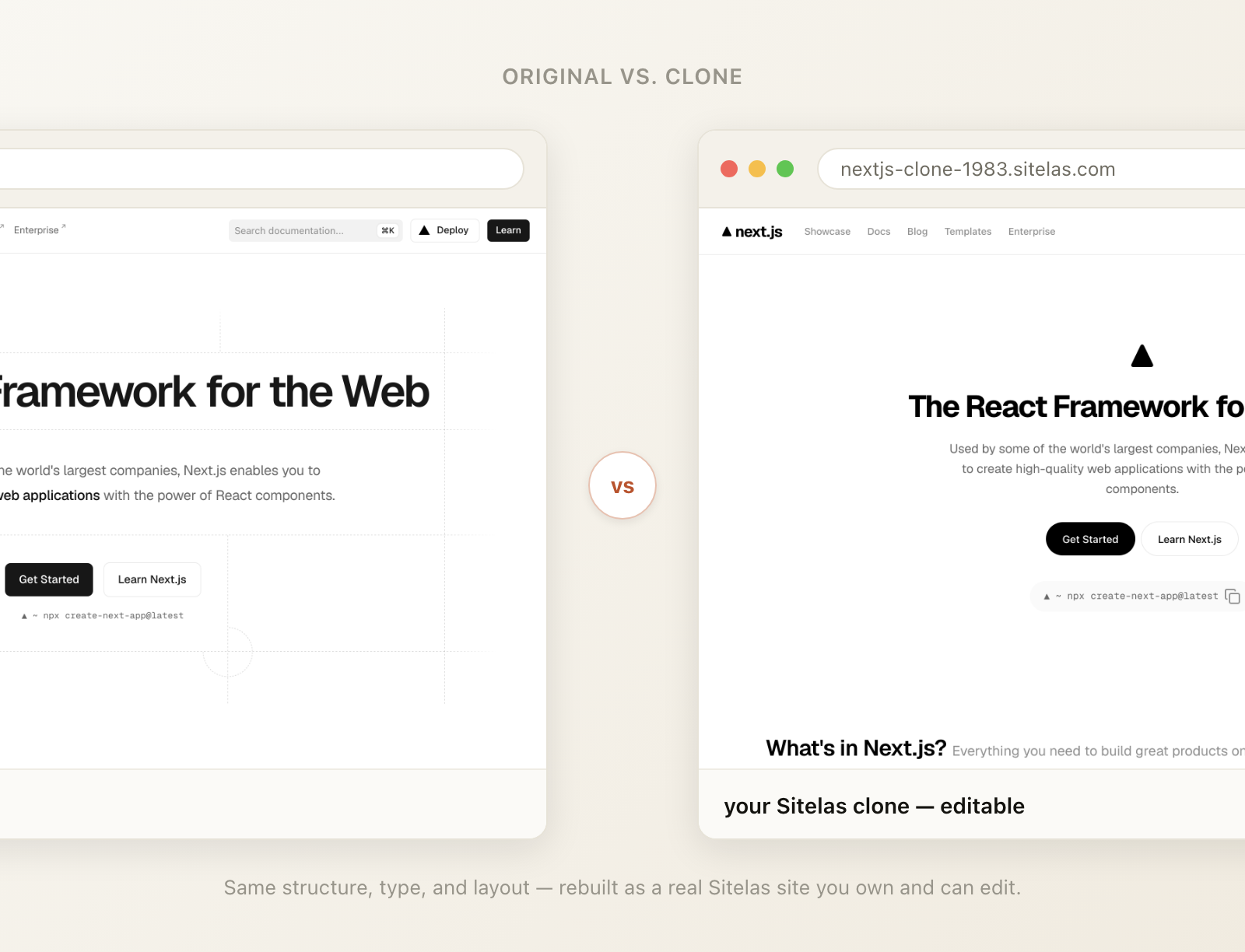 The live nextjs.org homepage on the left and the Sitelas clone on the right, side by side: same hero, type, and layout, but the clone is a real editable Sitelas site.