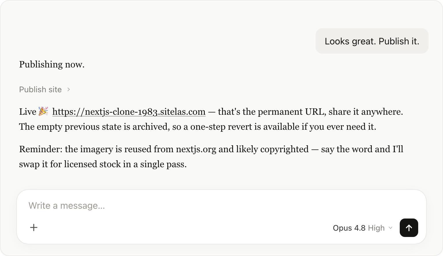 Telling Claude to publish; it promotes the draft to live and returns the permanent URL with a one-step revert noted.
